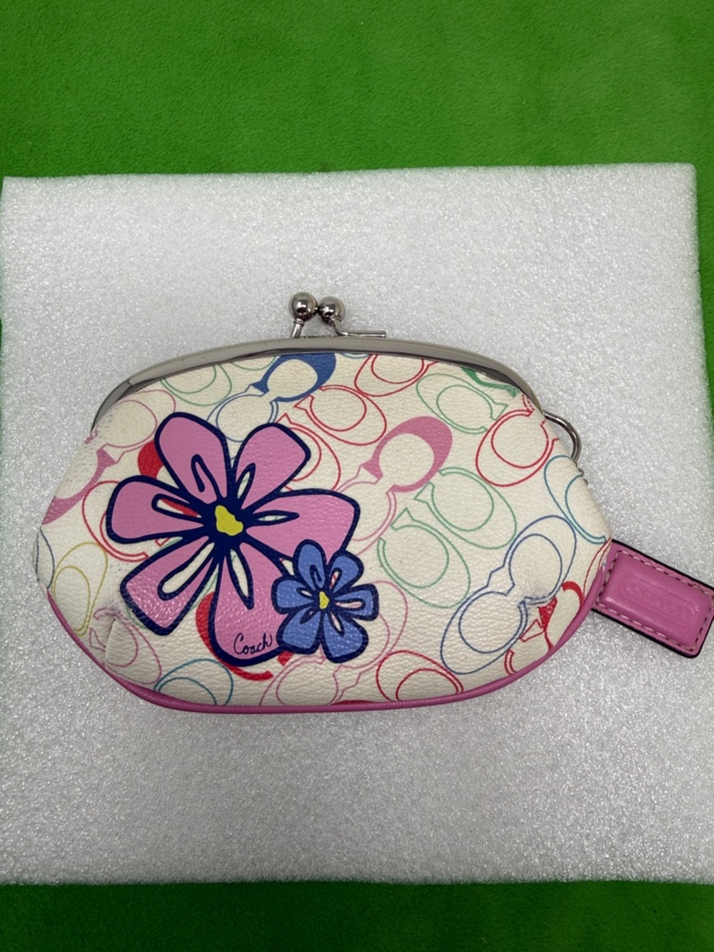 COACH Pink All Over Signature Kiss Lock Coin Purse